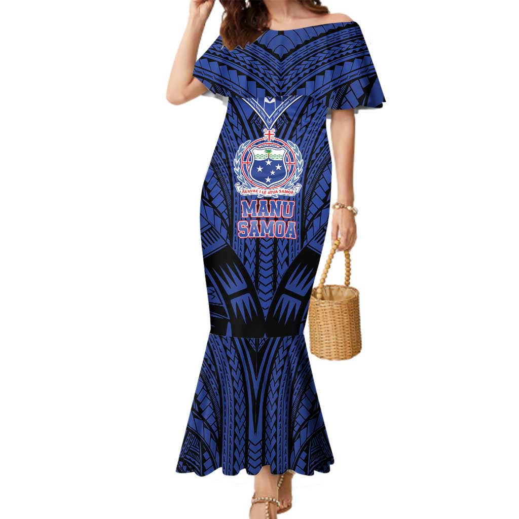 Custom Manu Samoa Sevens Rugby Family Matching Mermaid Dress and Hawaiian Shirt Samoan Tribal Tattoo LT9 Mom's Dress Blue - Polynesian Pride