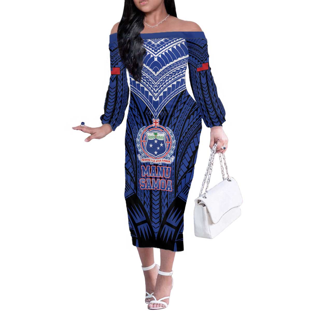 Custom Manu Samoa Sevens Rugby Family Matching Off The Shoulder Long Sleeve Dress and Hawaiian Shirt Samoan Tribal Tattoo LT9 Mom's Dress Blue - Polynesian Pride