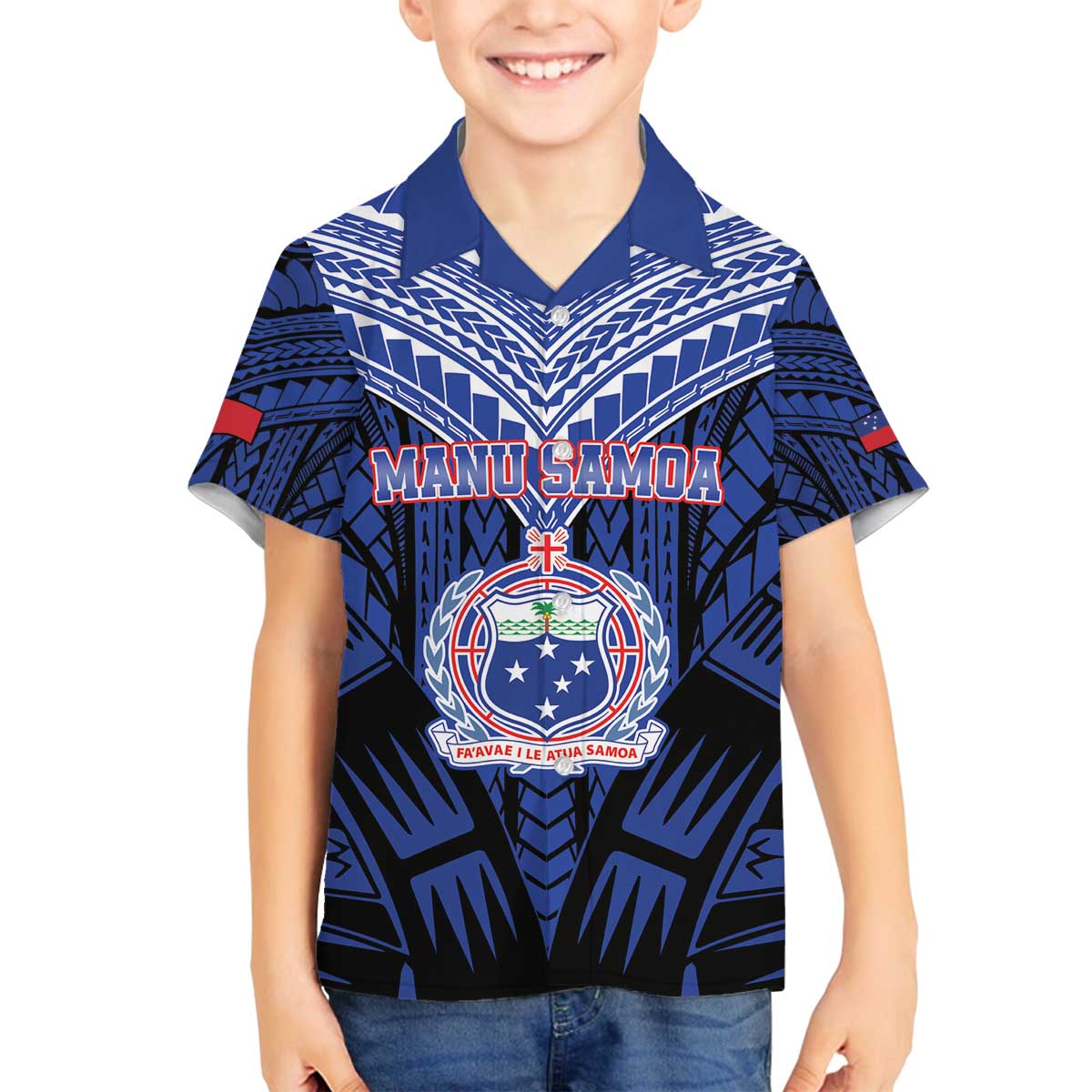 Custom Manu Samoa Sevens Rugby Family Matching Off The Shoulder Long Sleeve Dress and Hawaiian Shirt Samoan Tribal Tattoo LT9 Son's Shirt Blue - Polynesian Pride