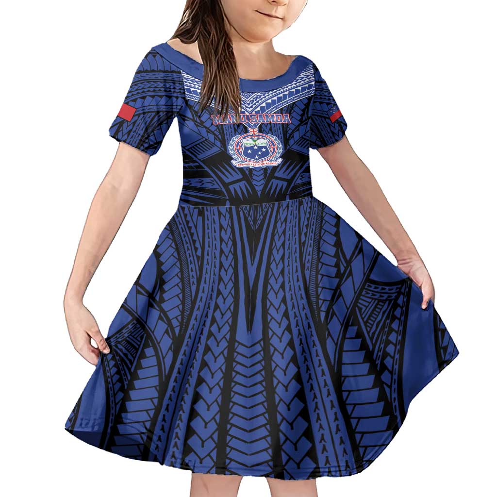 Custom Manu Samoa Sevens Rugby Family Matching Off Shoulder Maxi Dress and Hawaiian Shirt Samoan Tribal Tattoo LT9 Daughter's Dress Blue - Polynesian Pride