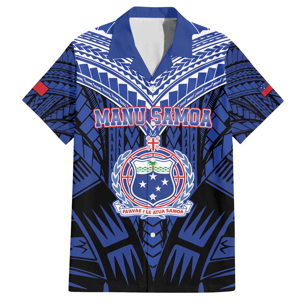 Custom Manu Samoa Sevens Rugby Family Matching Off Shoulder Maxi Dress and Hawaiian Shirt Samoan Tribal Tattoo LT9 Dad's Shirt - Short Sleeve Blue - Polynesian Pride
