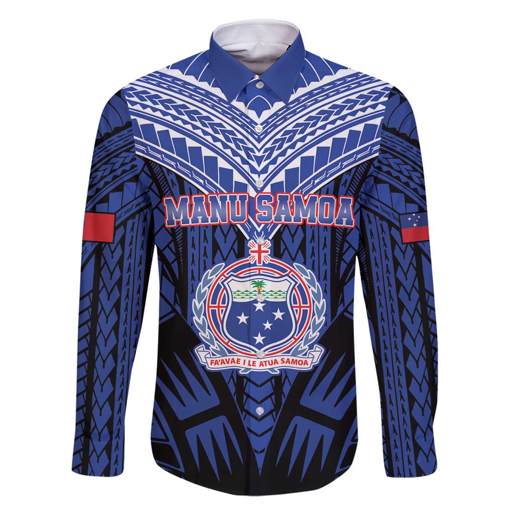 Custom Manu Samoa Sevens Rugby Family Matching Off Shoulder Maxi Dress and Hawaiian Shirt Samoan Tribal Tattoo LT9 Dad's Shirt - Long Sleeve Blue - Polynesian Pride