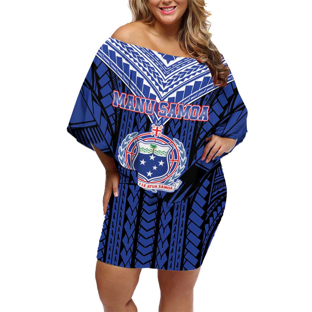 Custom Manu Samoa Sevens Rugby Family Matching Off Shoulder Short Dress and Hawaiian Shirt Samoan Tribal Tattoo LT9 Mom's Dress Blue - Polynesian Pride