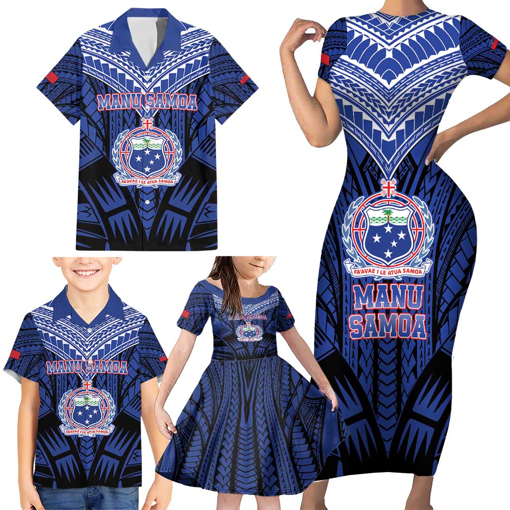 Custom Manu Samoa Sevens Rugby Family Matching Short Sleeve Bodycon Dress and Hawaiian Shirt Samoan Tribal Tattoo LT9 - Polynesian Pride