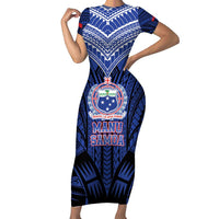 Custom Manu Samoa Sevens Rugby Family Matching Short Sleeve Bodycon Dress and Hawaiian Shirt Samoan Tribal Tattoo LT9 Mom's Dress Blue - Polynesian Pride