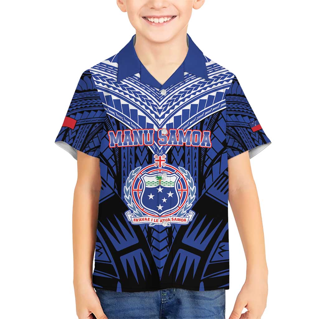 Custom Manu Samoa Sevens Rugby Family Matching Short Sleeve Bodycon Dress and Hawaiian Shirt Samoan Tribal Tattoo LT9 Son's Shirt Blue - Polynesian Pride