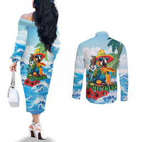 Funny Parrot Margarita Five O'clock Somewhere Couples Matching Off The Shoulder Long Sleeve Dress and Long Sleeve Button Shirt