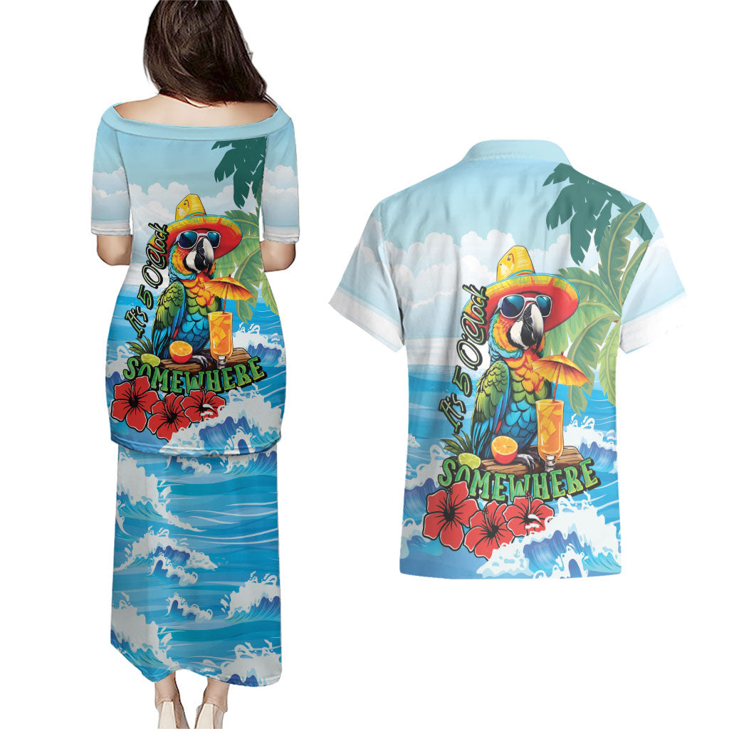 Funny Parrot Margarita Five O'clock Somewhere Couples Matching Puletasi and Hawaiian Shirt
