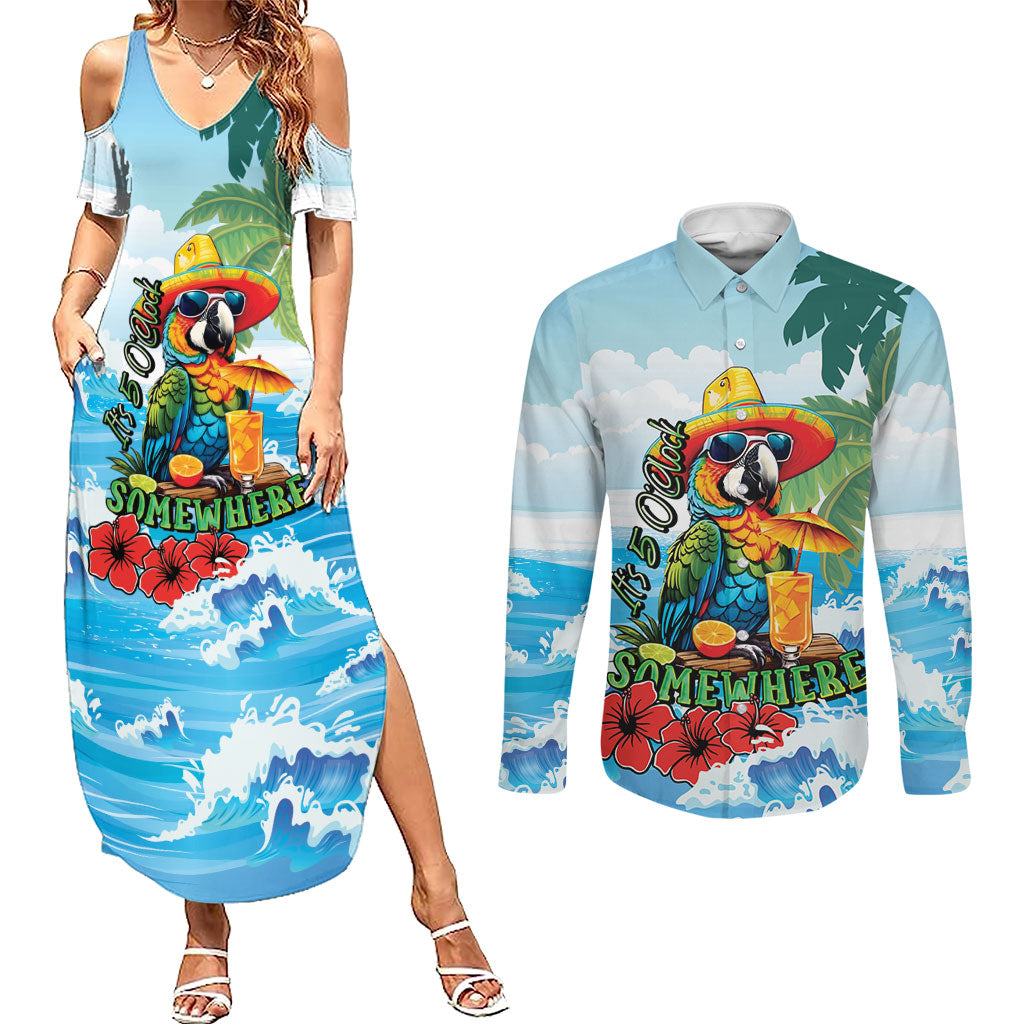 Funny Parrot Margarita Five O'clock Somewhere Couples Matching Summer Maxi Dress and Long Sleeve Button Shirt