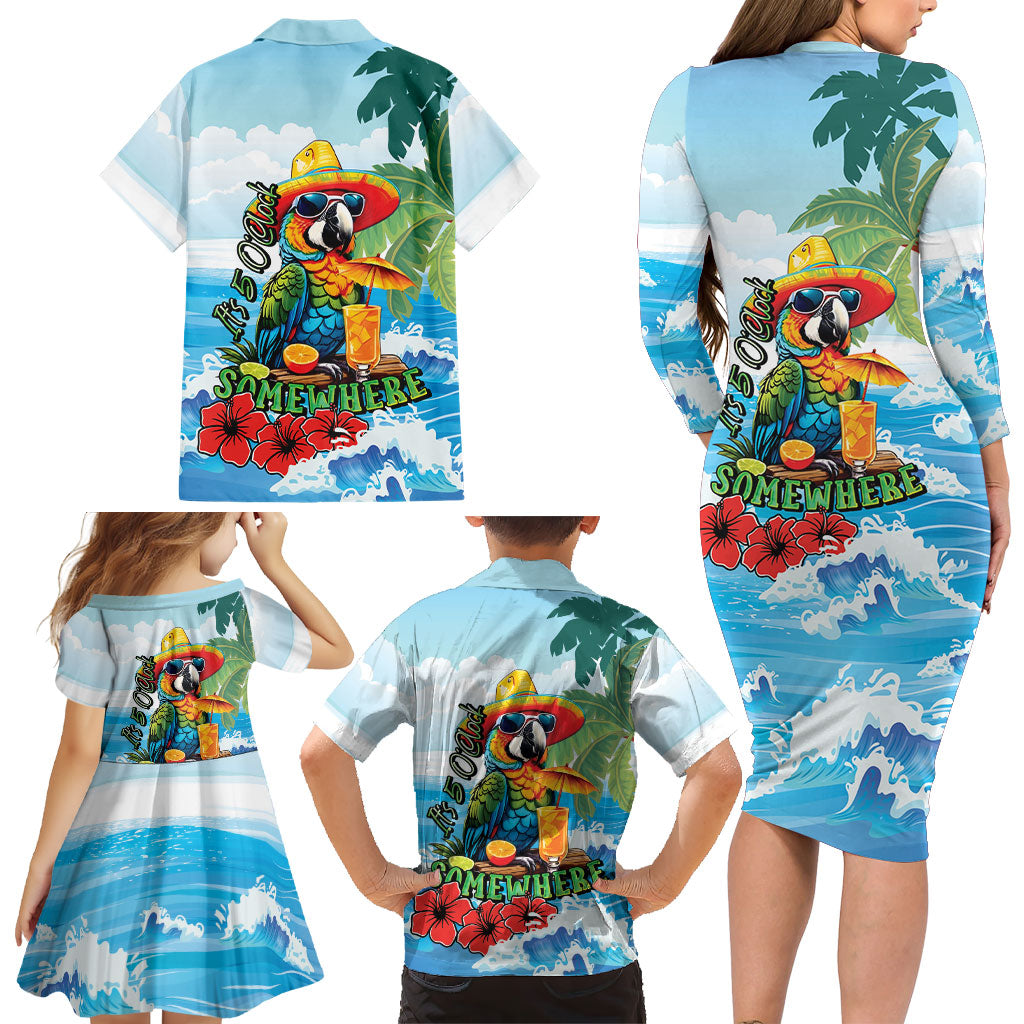 Funny Parrot Margarita Five O'clock Somewhere Family Matching Long Sleeve Bodycon Dress and Hawaiian Shirt