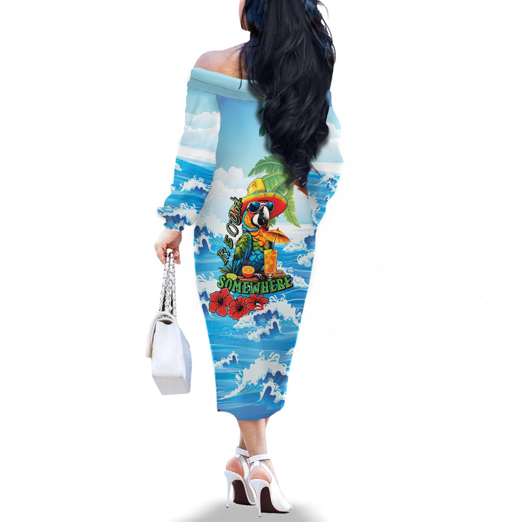 Funny Parrot Margarita Five O'clock Somewhere Family Matching Off The Shoulder Long Sleeve Dress and Hawaiian Shirt