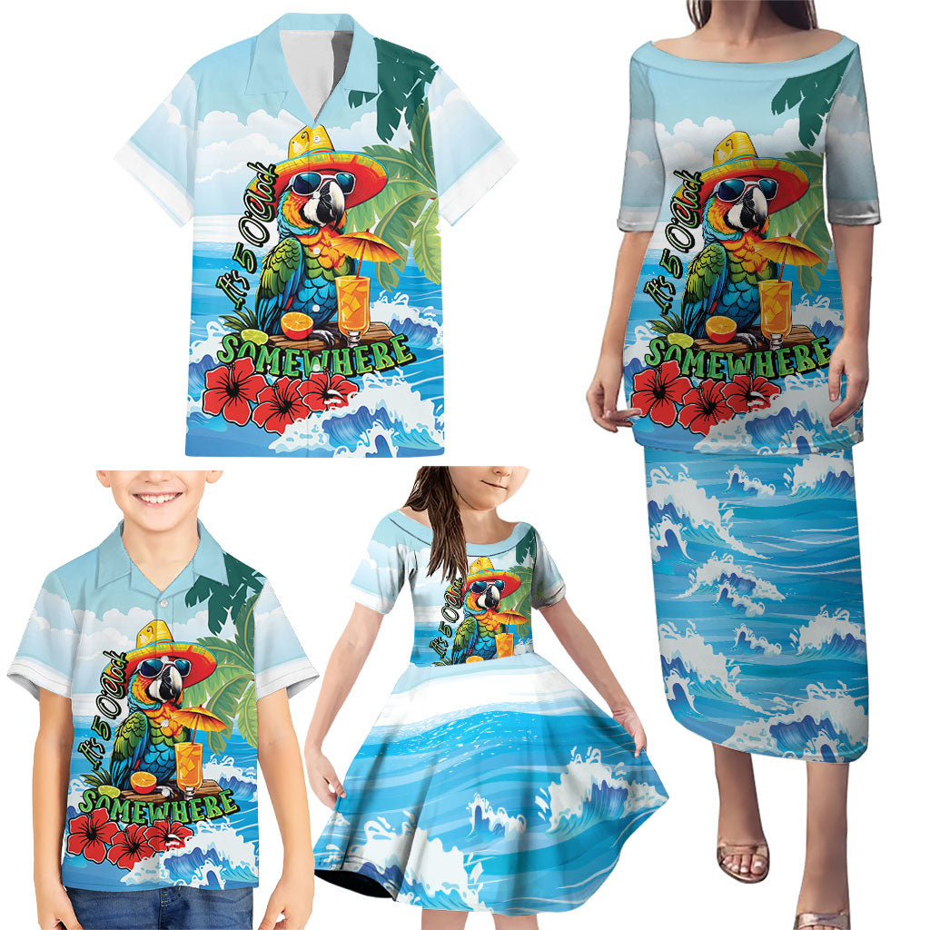 Funny Parrot Margarita Five O'clock Somewhere Family Matching Puletasi and Hawaiian Shirt LT9 - Polynesian Pride