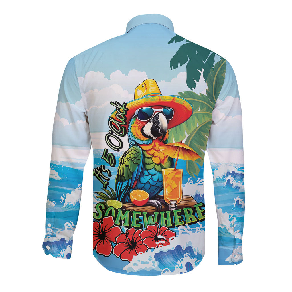 Funny Parrot Margarita Five O'clock Somewhere Long Sleeve Button Shirt