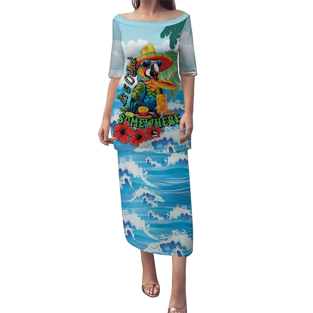 Funny Parrot Margarita Five O'clock Somewhere Puletasi LT9 Long Dress Blue - Polynesian Pride