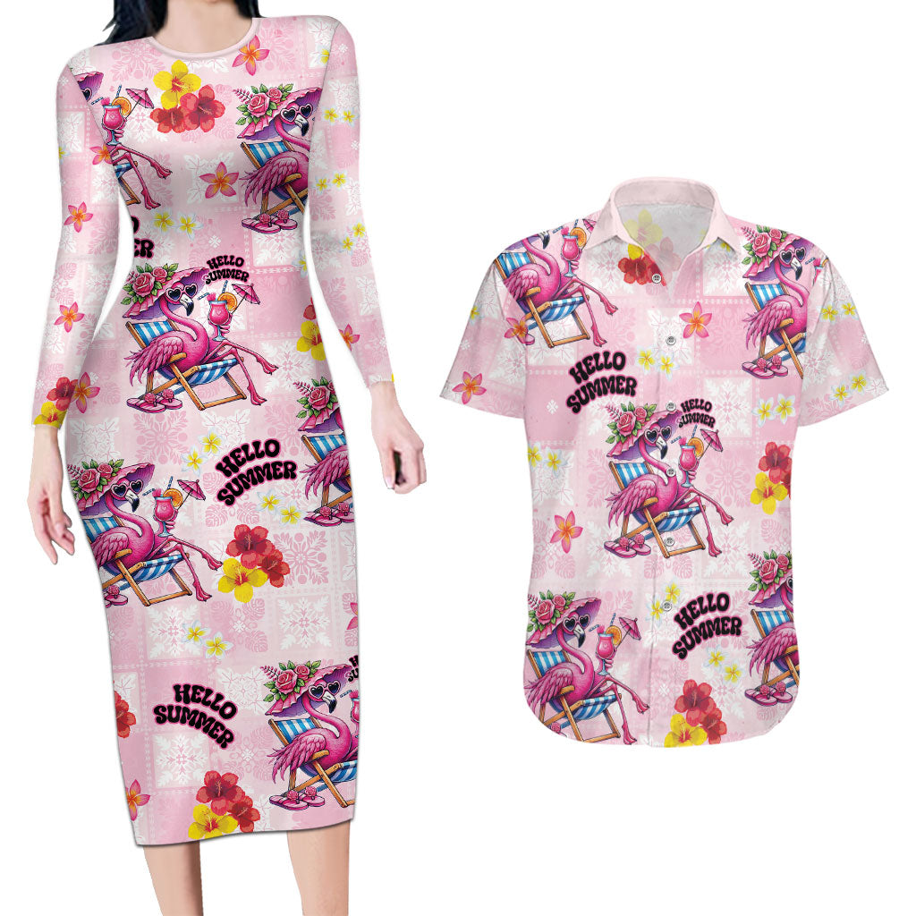 Hawaii Flamingo Hello Summer Couples Matching Long Sleeve Bodycon Dress and Hawaiian Shirt Hawaiian Quilt Pattern