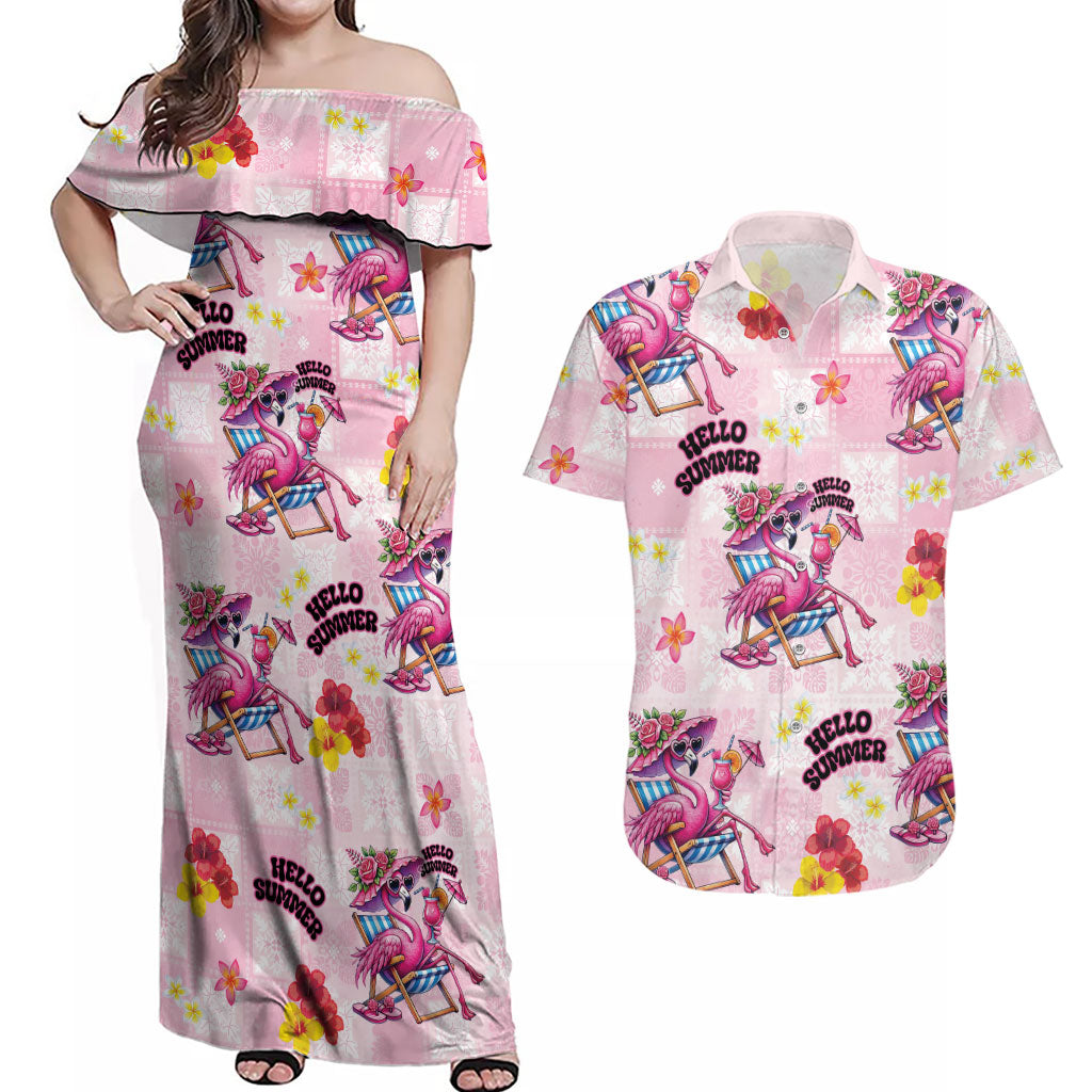 Hawaii Flamingo Hello Summer Couples Matching Off Shoulder Maxi Dress and Hawaiian Shirt Hawaiian Quilt Pattern