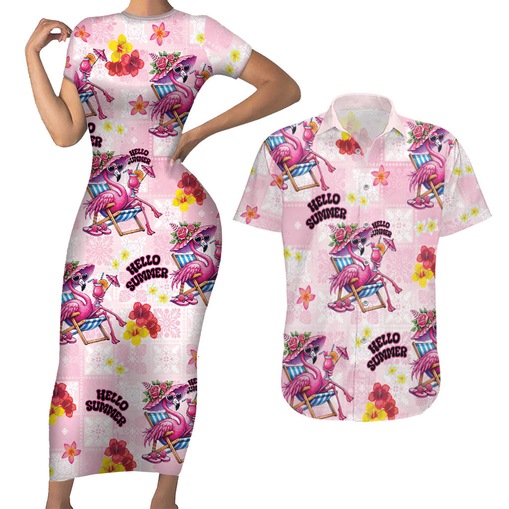 Hawaii Flamingo Hello Summer Couples Matching Short Sleeve Bodycon Dress and Hawaiian Shirt Hawaiian Quilt Pattern
