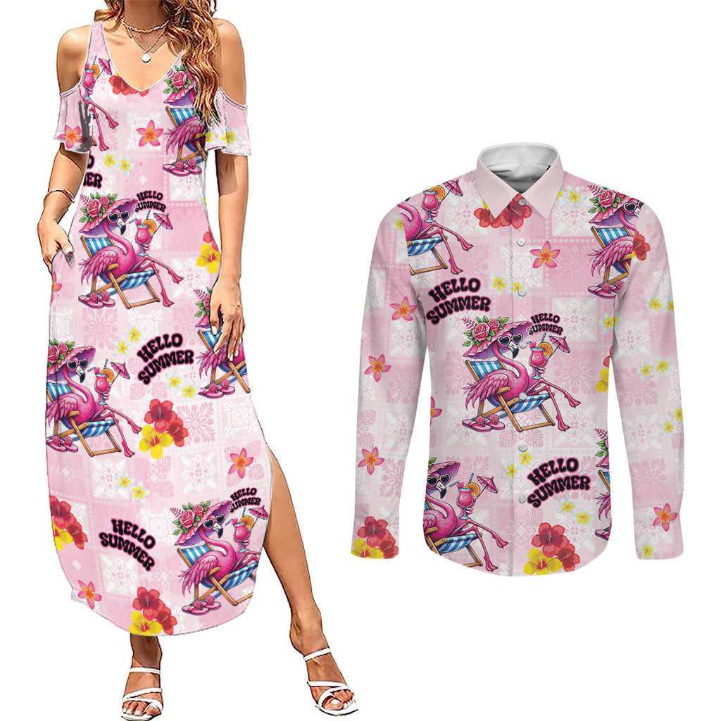 Hawaii Flamingo Hello Summer Couples Matching Summer Maxi Dress and Long Sleeve Button Shirt Hawaiian Quilt Pattern