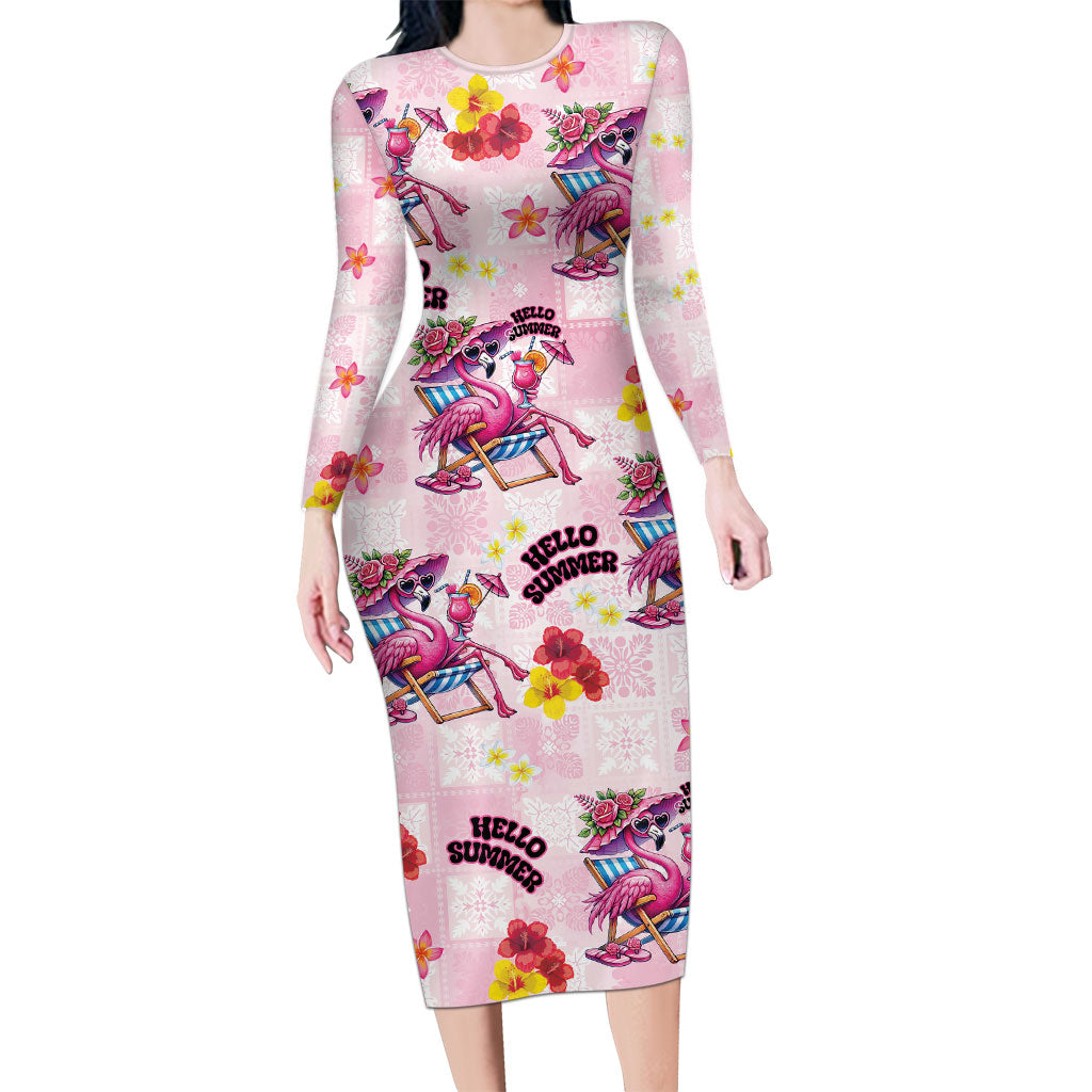 Hawaii Flamingo Hello Summer Family Matching Long Sleeve Bodycon Dress and Hawaiian Shirt Hawaiian Quilt Pattern
