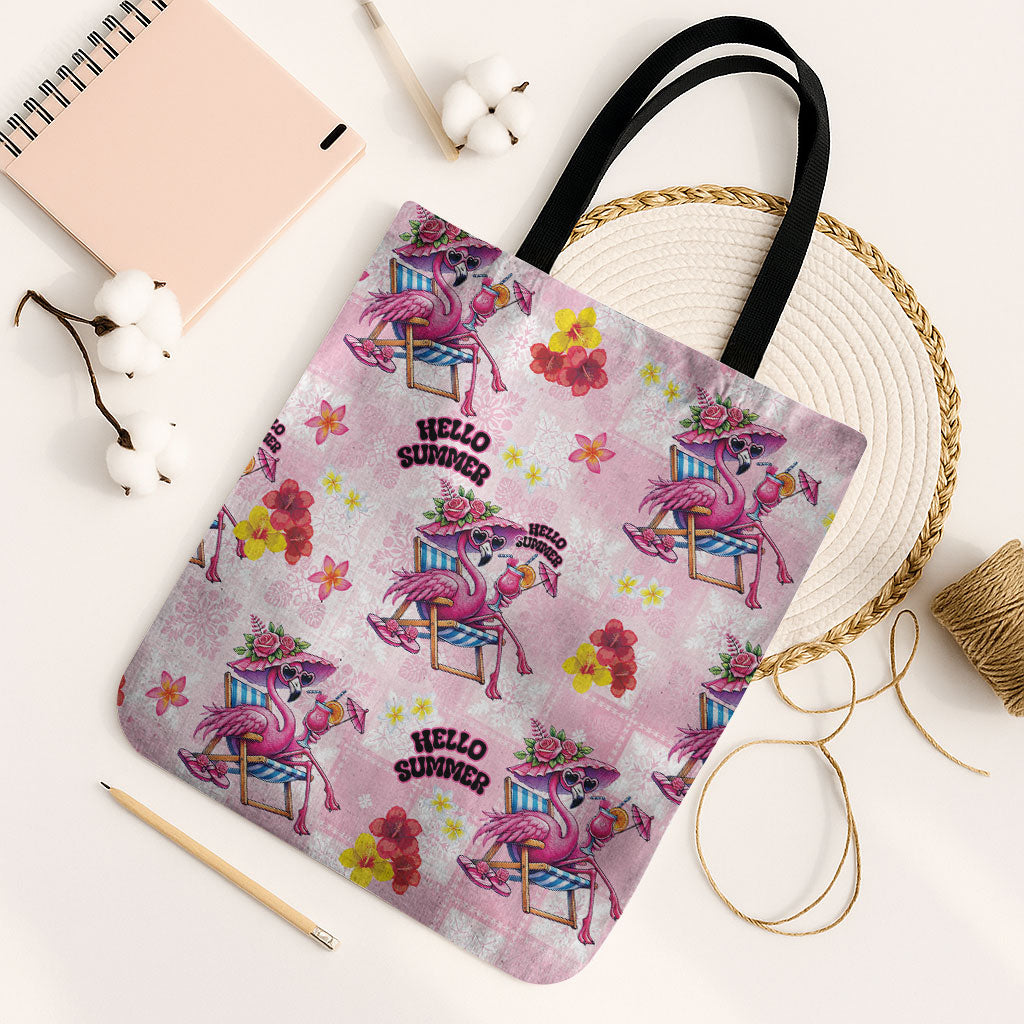 Hawaii Flamingo Hello Summer Tote Bag Hawaiian Quilt Pattern LT9 Black Strap One Size Pink - Polynesian Pride