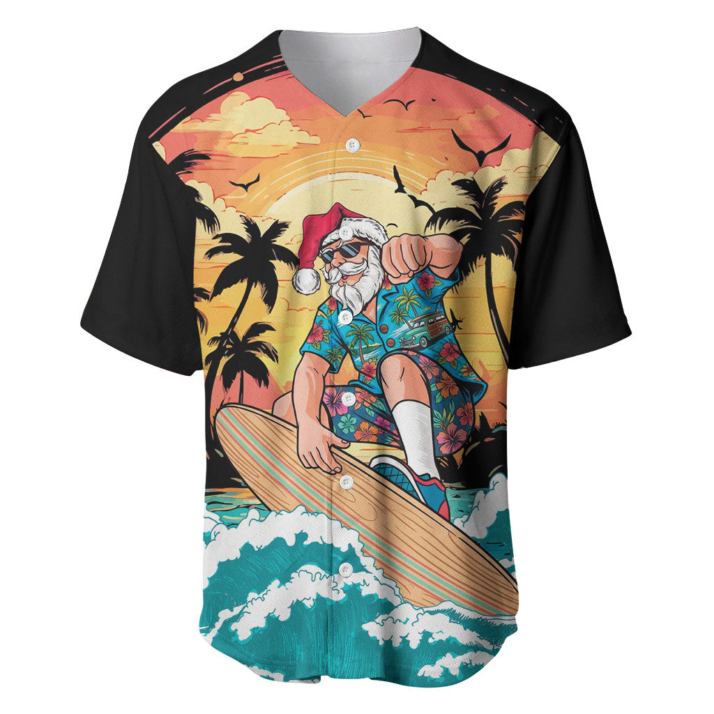 Vintage Santa Claus Surfing Summer Baseball Jersey Mele Kalikimaka i Iulai! LT9 Black - Polynesian Pride
