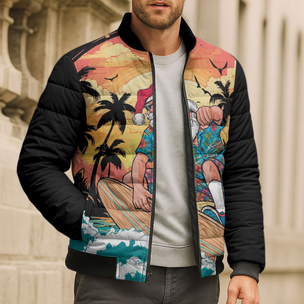 Vintage Santa Claus Surfing Summer Bomber Puffer Jacket Mele Kalikimaka i Iulai!