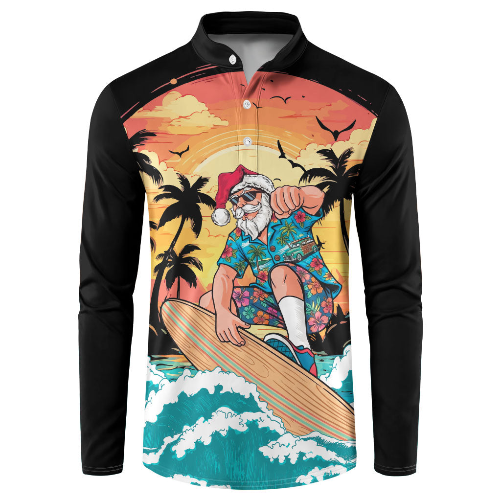 Vintage Santa Claus Surfing Summer Button Sweatshirt Mele Kalikimaka i Iulai! LT9 Black - Polynesian Pride