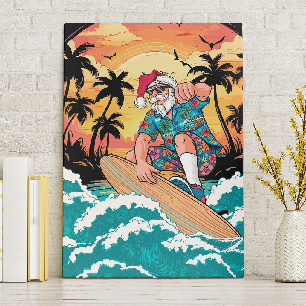 Vintage Santa Claus Surfing Summer Canvas Wall Art Mele Kalikimaka i Iulai! LT9 Without Frame Black - Polynesian Pride