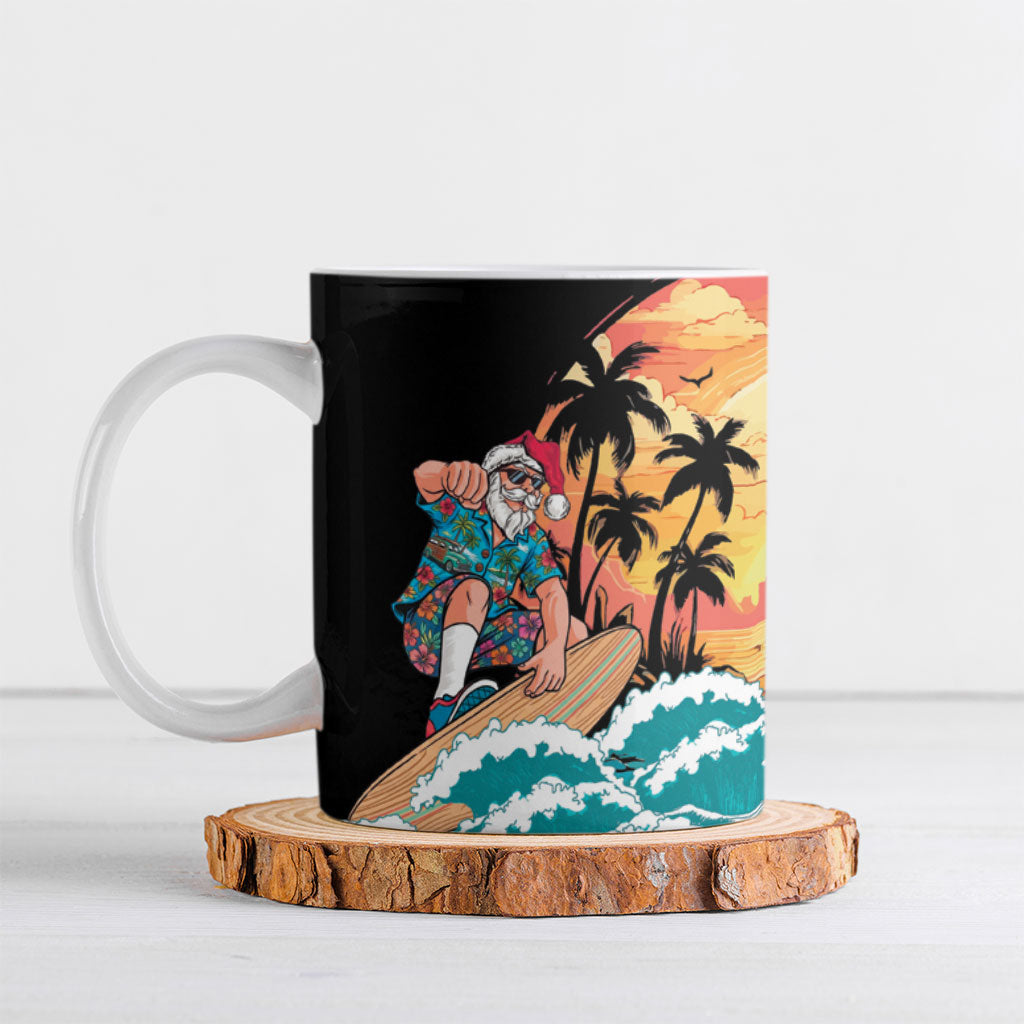 Vintage Santa Claus Surfing Summer Ceramic Mug Mele Kalikimaka i Iulai! LT9 Black - Polynesian Pride