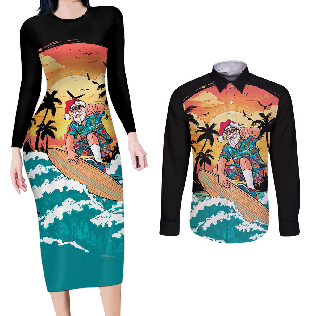 Vintage Santa Claus Surfing Summer Couples Matching Long Sleeve Bodycon Dress and Long Sleeve Button Shirt Mele Kalikimaka i Iulai!