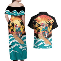 Vintage Santa Claus Surfing Summer Couples Matching Off Shoulder Maxi Dress and Hawaiian Shirt Mele Kalikimaka i Iulai!