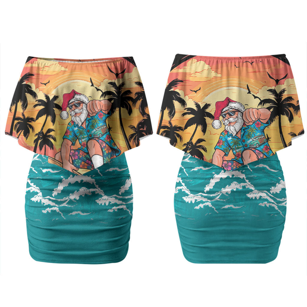 Vintage Santa Claus Surfing Summer Couples Matching Off Shoulder Short Dress and Long Sleeve Button Shirt Mele Kalikimaka i Iulai! LT9 - Polynesian Pride