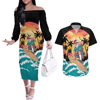 Vintage Santa Claus Surfing Summer Couples Matching Off The Shoulder Long Sleeve Dress and Hawaiian Shirt Mele Kalikimaka i Iulai! LT9 Black - Polynesian Pride