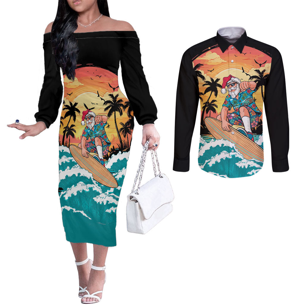 Vintage Santa Claus Surfing Summer Couples Matching Off The Shoulder Long Sleeve Dress and Long Sleeve Button Shirt Mele Kalikimaka i Iulai! LT9 Black - Polynesian Pride