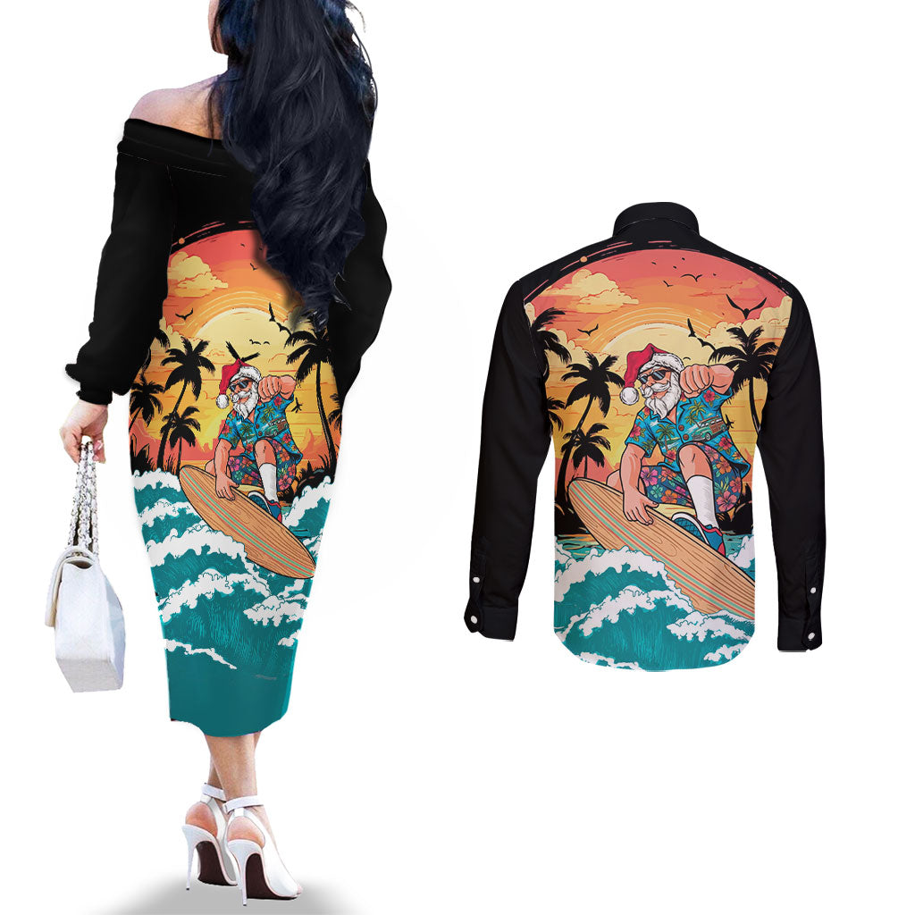 Vintage Santa Claus Surfing Summer Couples Matching Off The Shoulder Long Sleeve Dress and Long Sleeve Button Shirt Mele Kalikimaka i Iulai!