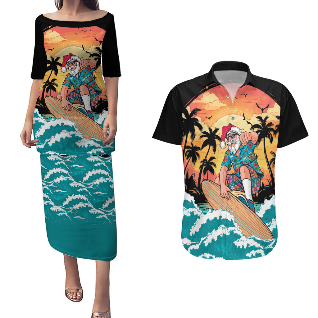 Vintage Santa Claus Surfing Summer Couples Matching Puletasi and Hawaiian Shirt Mele Kalikimaka i Iulai!