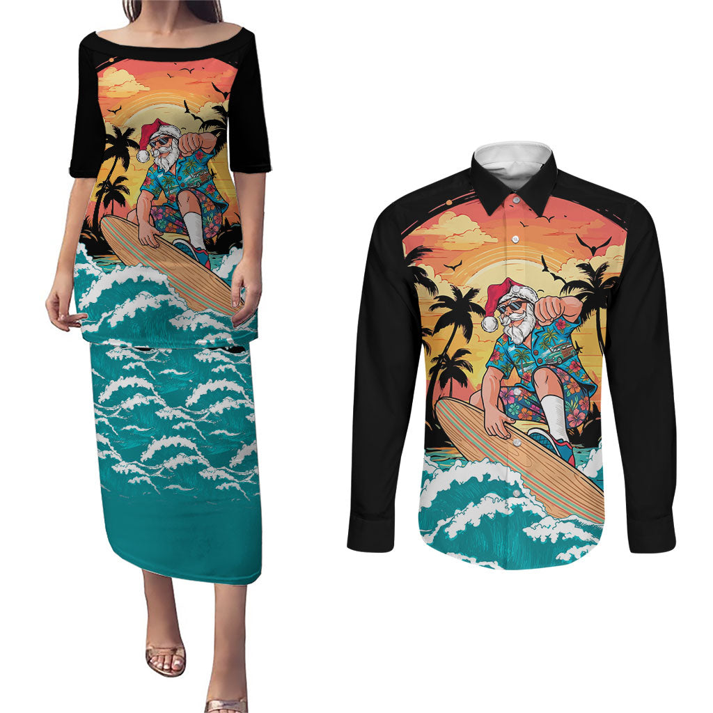 Vintage Santa Claus Surfing Summer Couples Matching Puletasi and Long Sleeve Button Shirt Mele Kalikimaka i Iulai!