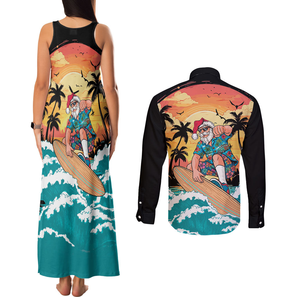 Vintage Santa Claus Surfing Summer Couples Matching Tank Maxi Dress and Long Sleeve Button Shirt Mele Kalikimaka i Iulai!