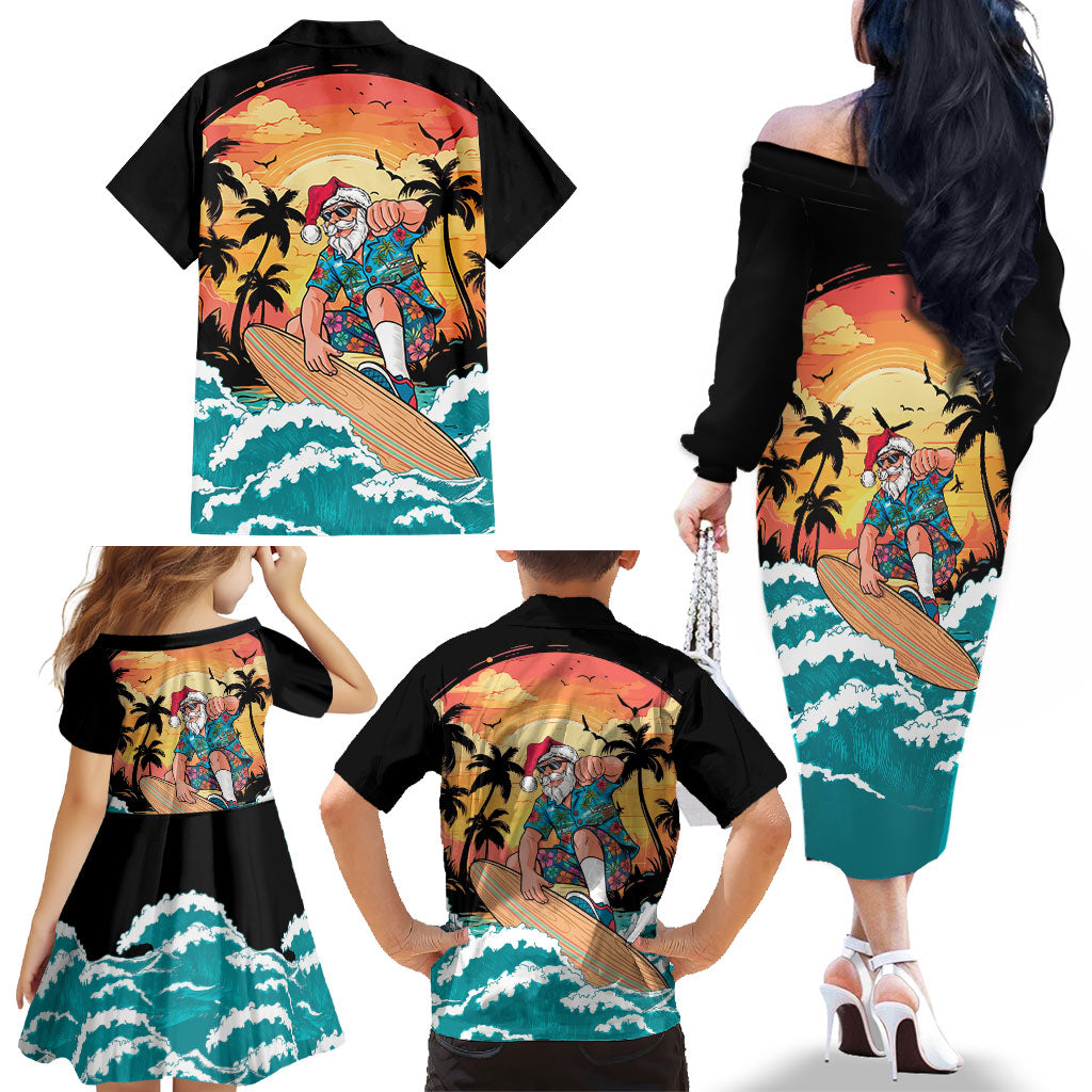 Vintage Santa Claus Surfing Summer Family Matching Off The Shoulder Long Sleeve Dress and Hawaiian Shirt Mele Kalikimaka i Iulai! LT9 - Polynesian Pride