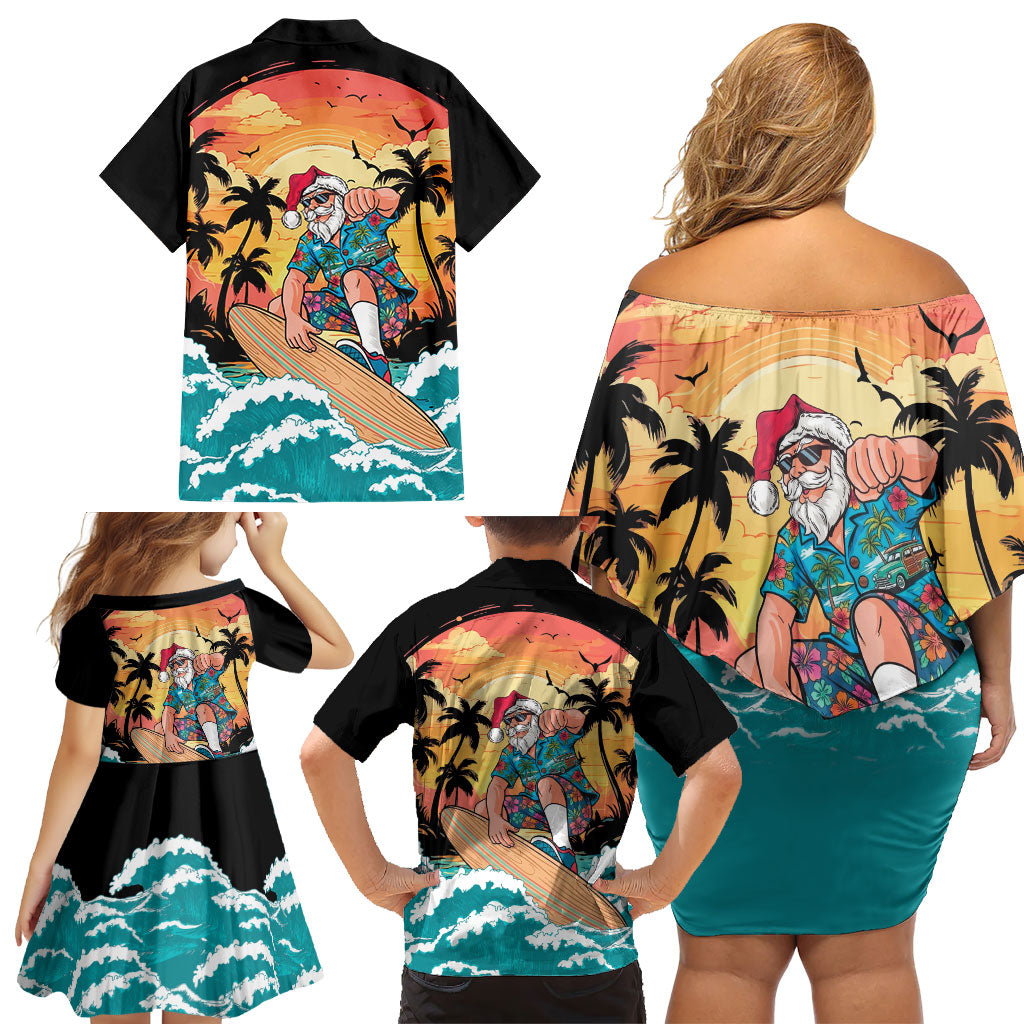 Vintage Santa Claus Surfing Summer Family Matching Off Shoulder Short Dress and Hawaiian Shirt Mele Kalikimaka i Iulai! LT9 - Polynesian Pride