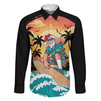 Vintage Santa Claus Surfing Summer Family Matching Off Shoulder Short Dress and Hawaiian Shirt Mele Kalikimaka i Iulai! LT9 Dad's Shirt - Long Sleeve Black - Polynesian Pride