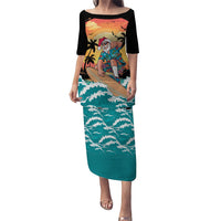 Vintage Santa Claus Surfing Summer Family Matching Puletasi and Hawaiian Shirt Mele Kalikimaka i Iulai! LT9 Mom's Dress Black - Polynesian Pride