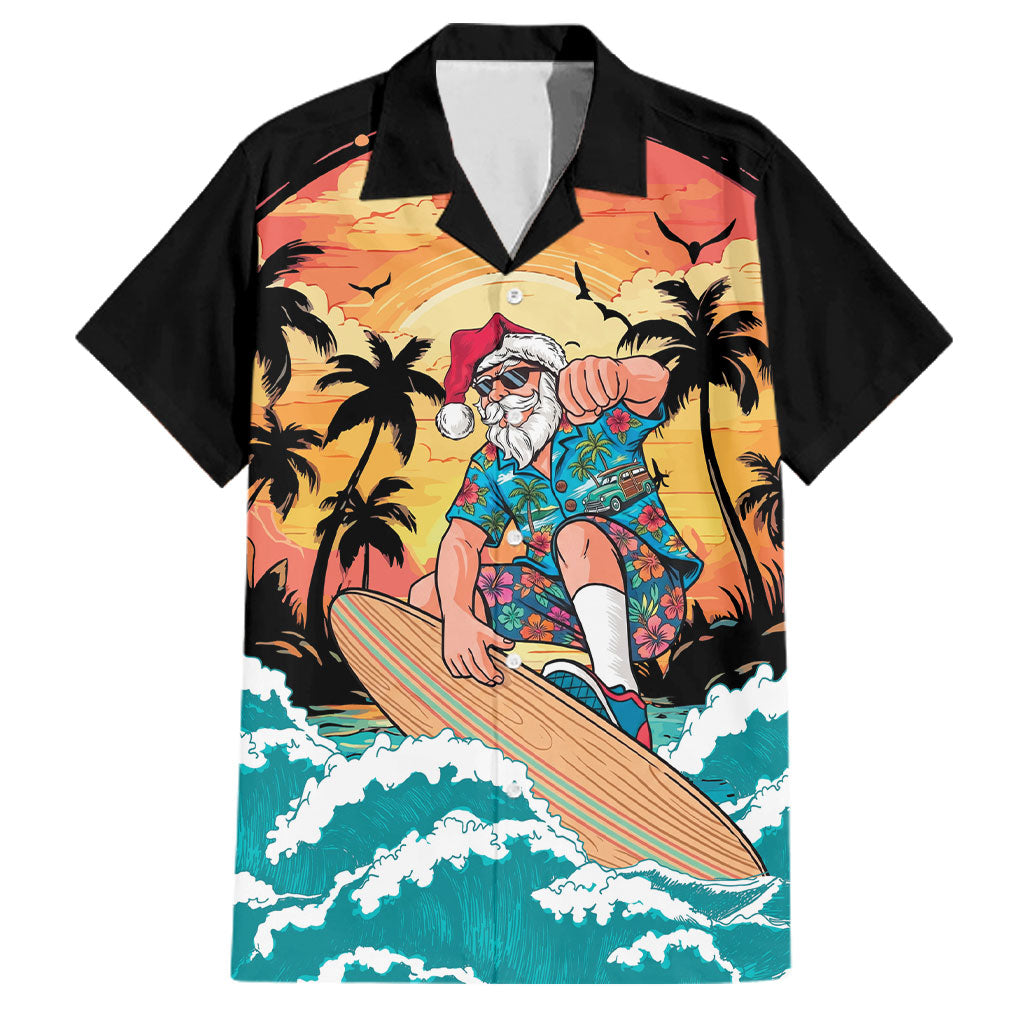 Vintage Santa Claus Surfing Summer Family Matching Summer Maxi Dress and Hawaiian Shirt Mele Kalikimaka i Iulai! LT9 Dad's Shirt - Short Sleeve Black - Polynesian Pride