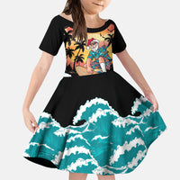Vintage Santa Claus Surfing Summer Family Matching Tank Maxi Dress and Hawaiian Shirt Mele Kalikimaka i Iulai! LT9 Daughter's Dress Black - Polynesian Pride
