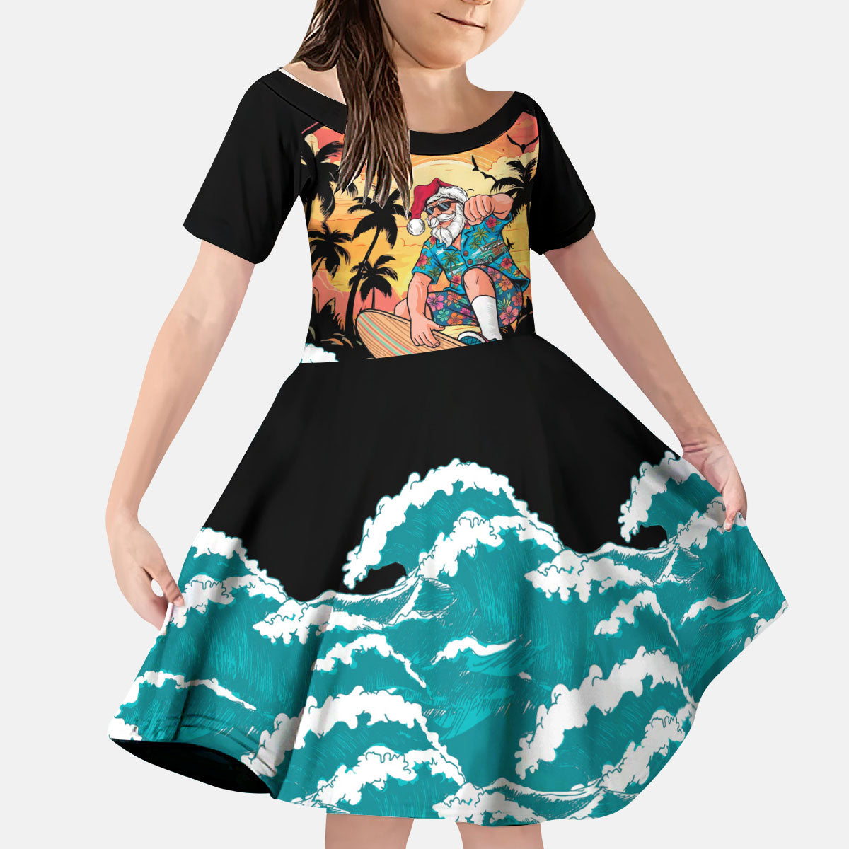 Vintage Santa Claus Surfing Summer Kid Short Sleeve Dress Mele Kalikimaka i Iulai! LT9 KID Black - Polynesian Pride