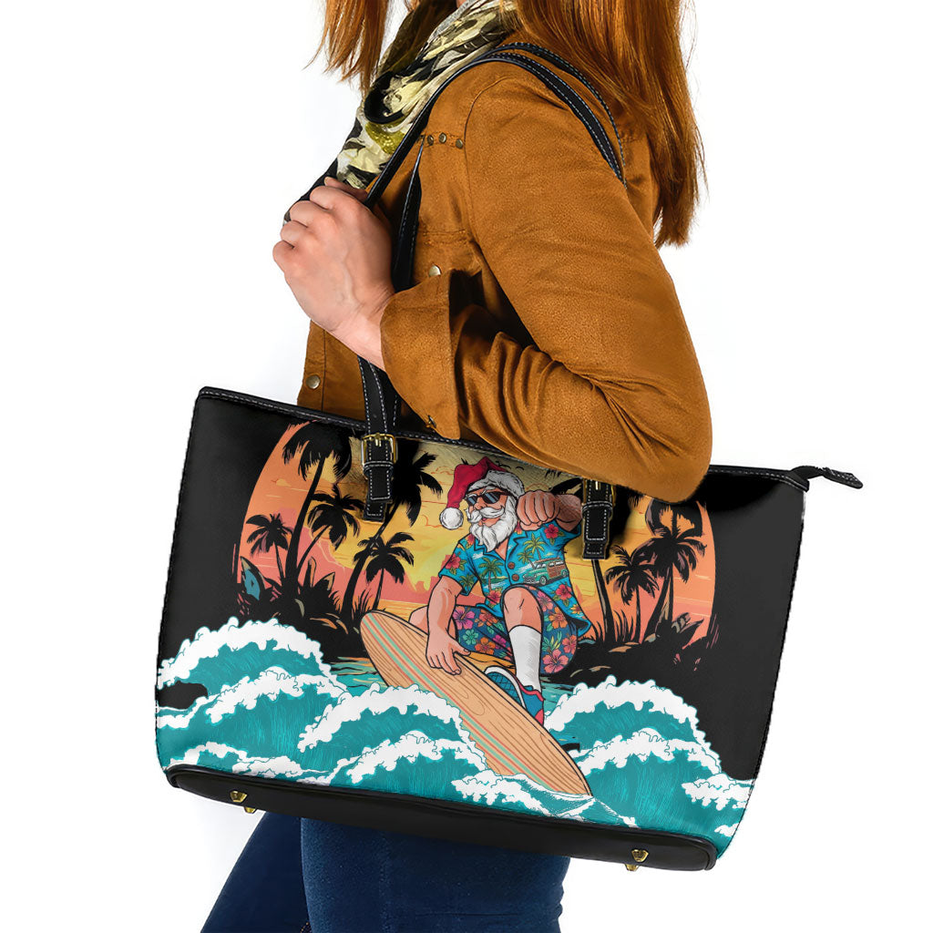Vintage Santa Claus Surfing Summer Leather Tote Bag Mele Kalikimaka i Iulai!