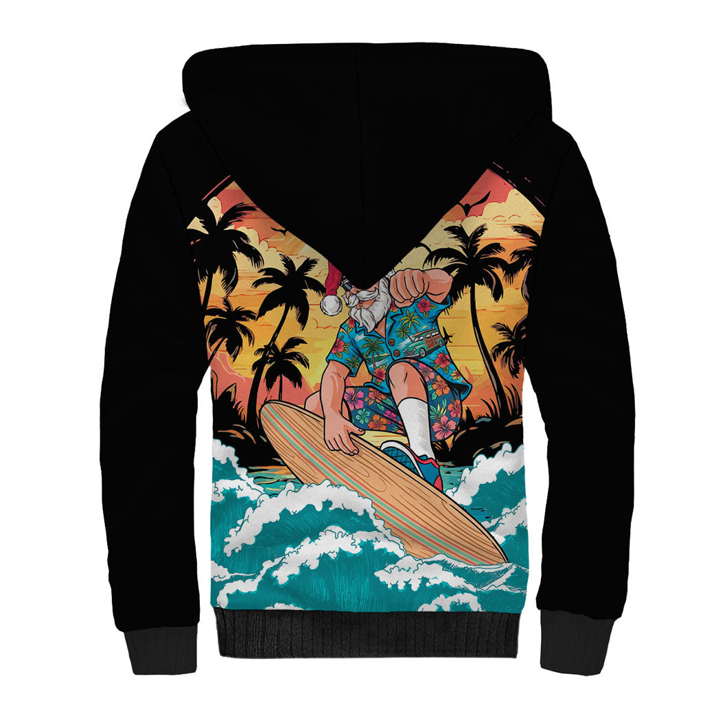 Vintage Santa Claus Surfing Summer Sherpa Hoodie Mele Kalikimaka i Iulai!