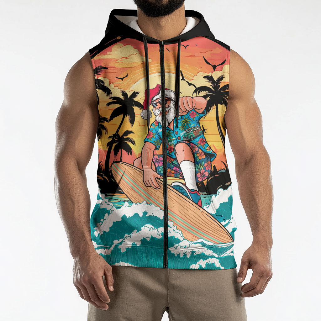 Vintage Santa Claus Surfing Summer Sleeveless Zip Hoodie Mele Kalikimaka i Iulai!