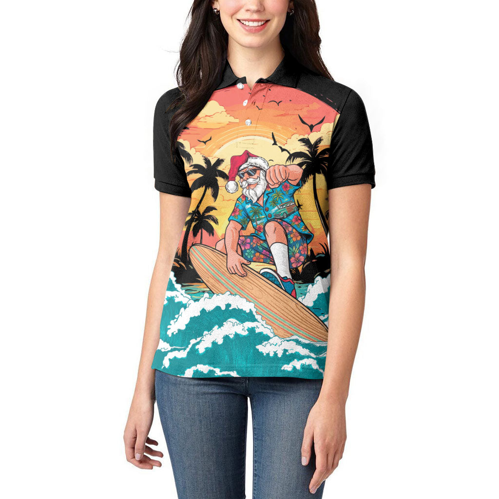 Vintage Santa Claus Surfing Summer Women Polo Shirt Mele Kalikimaka i Iulai!