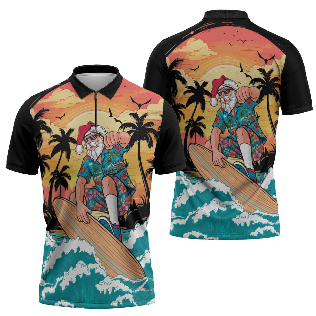 Vintage Santa Claus Surfing Summer Zipper Polo Shirt Mele Kalikimaka i Iulai!